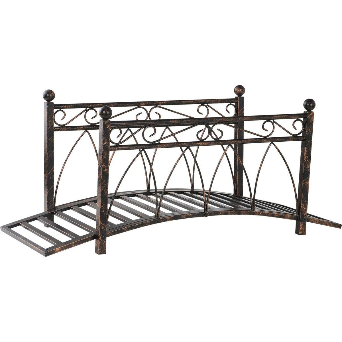 3.3' Metal Arch Zen Garden Bridge with Safety Siderails, Decorative Footbridge, Delicate Scrollwork & Corner Spheres for Stream, Fish Pond, Bronze