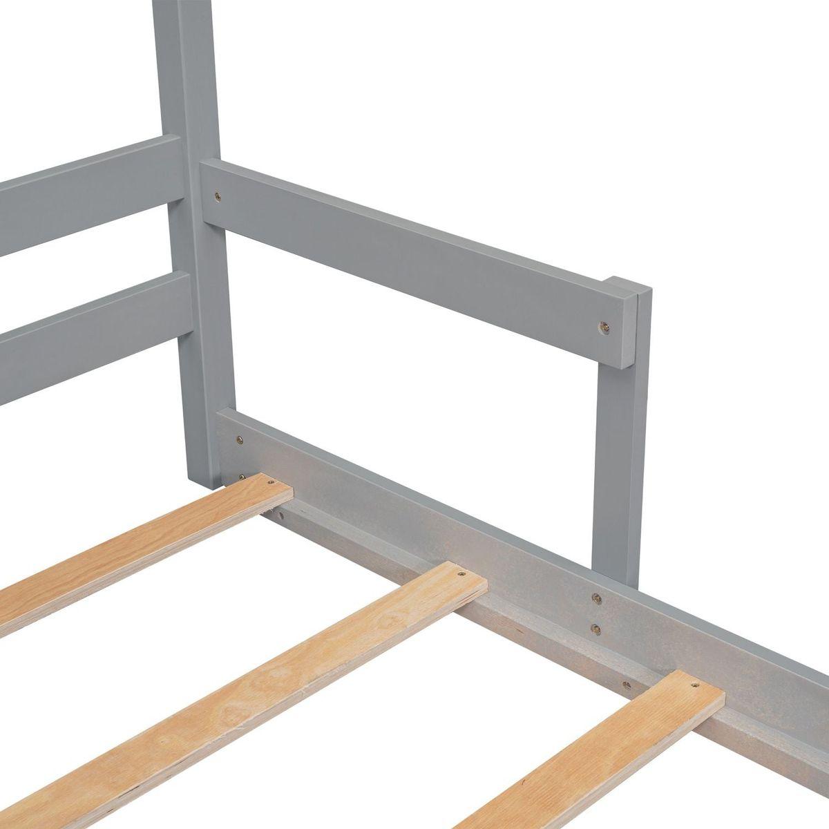 Twin House-Shaped Headboard Floor Bed with Handrails, slats,Grey