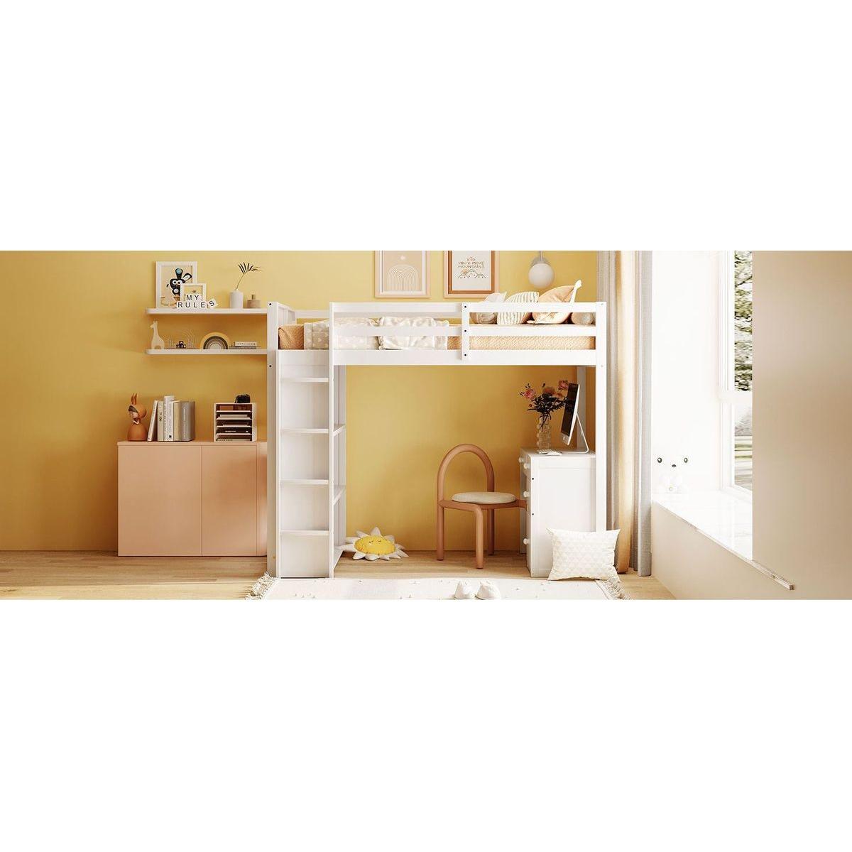 Twin Size Loft Bed with Ladder, Shelves, and Desk, White