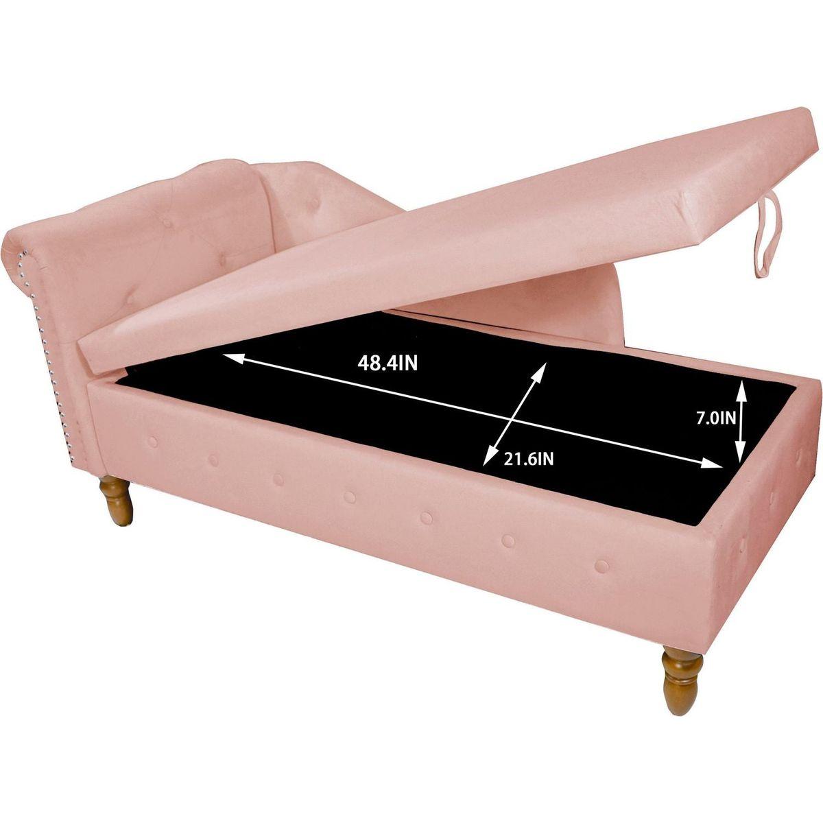 Pink Chaise Lounge Indoor,Velvet Lounge Chair for Bedroom with Storage & Pillow,Modern Upholstered Rolled Arm Chase Lounge for Sleeping with Nailhead Trim for Living Room Bedroom Office