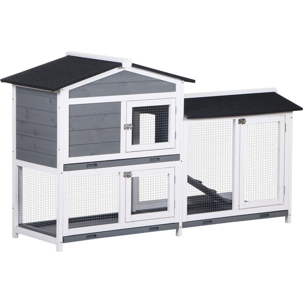 62" Rabbit Hutch, Wooden Bunny Hutch, Guinea Pig Cage, Small Animal Enclosure with Run Area, Removable Tray, Asphalt Roof, Lockable Doors and Ramp, Gray