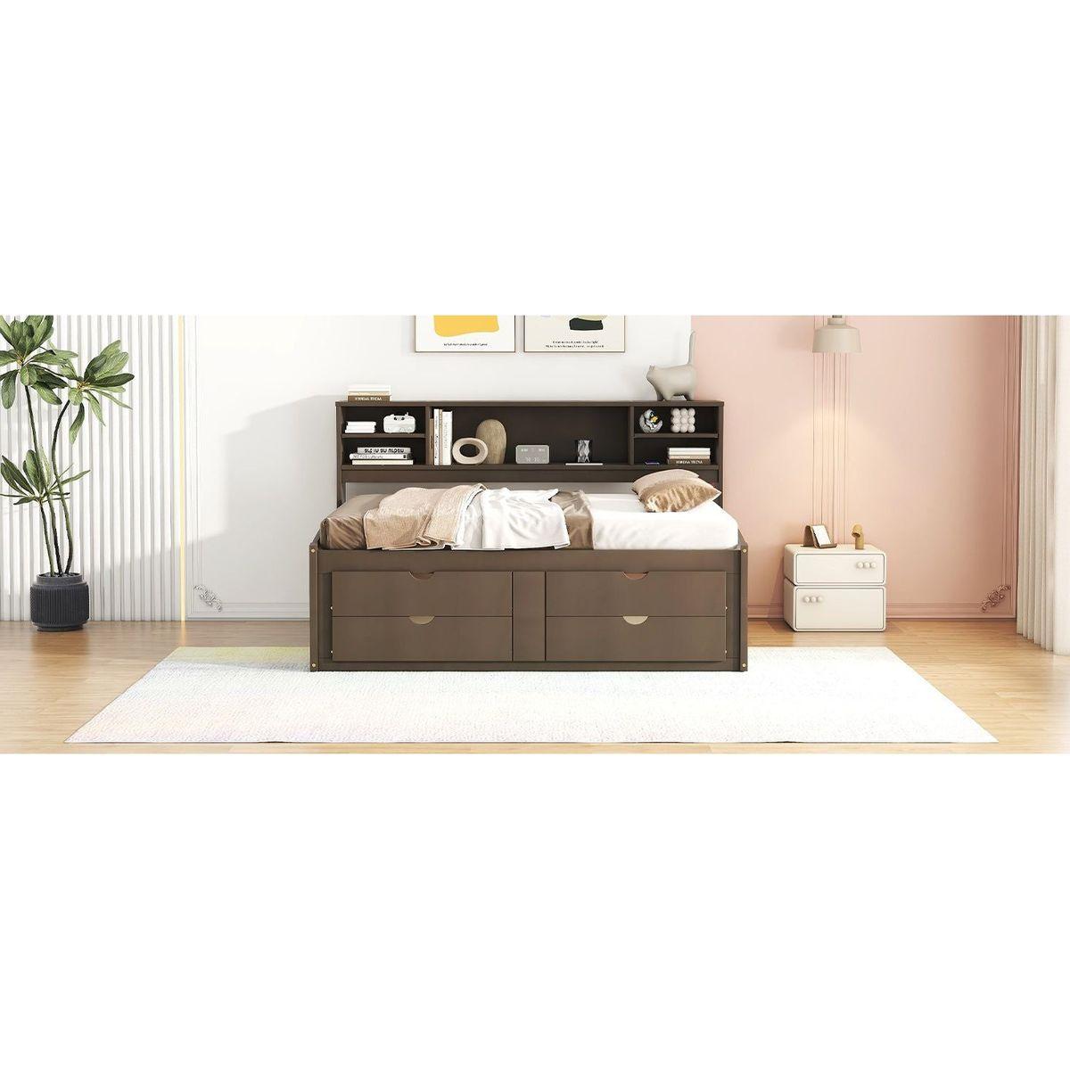 Full Size Wood Daybed with 2 Bedside Cabinets, Upper Shelves and 4 Drawers, Antique Brown