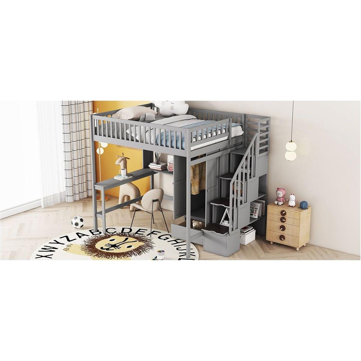 Full size Loft Bed with Bookshelf,Drawers,Desk,and Wardrobe-Gray