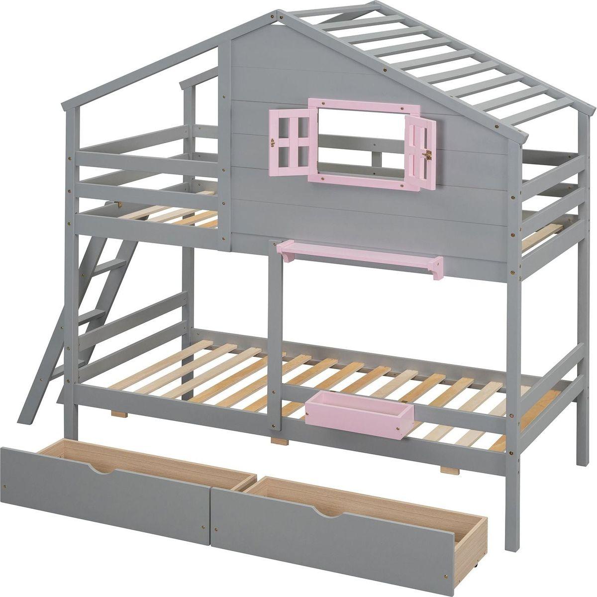 Twin over Twin Bunk Bed with 2 Drawers, 1 Storage Box, 1 Shelf, Window and Roof-Gray