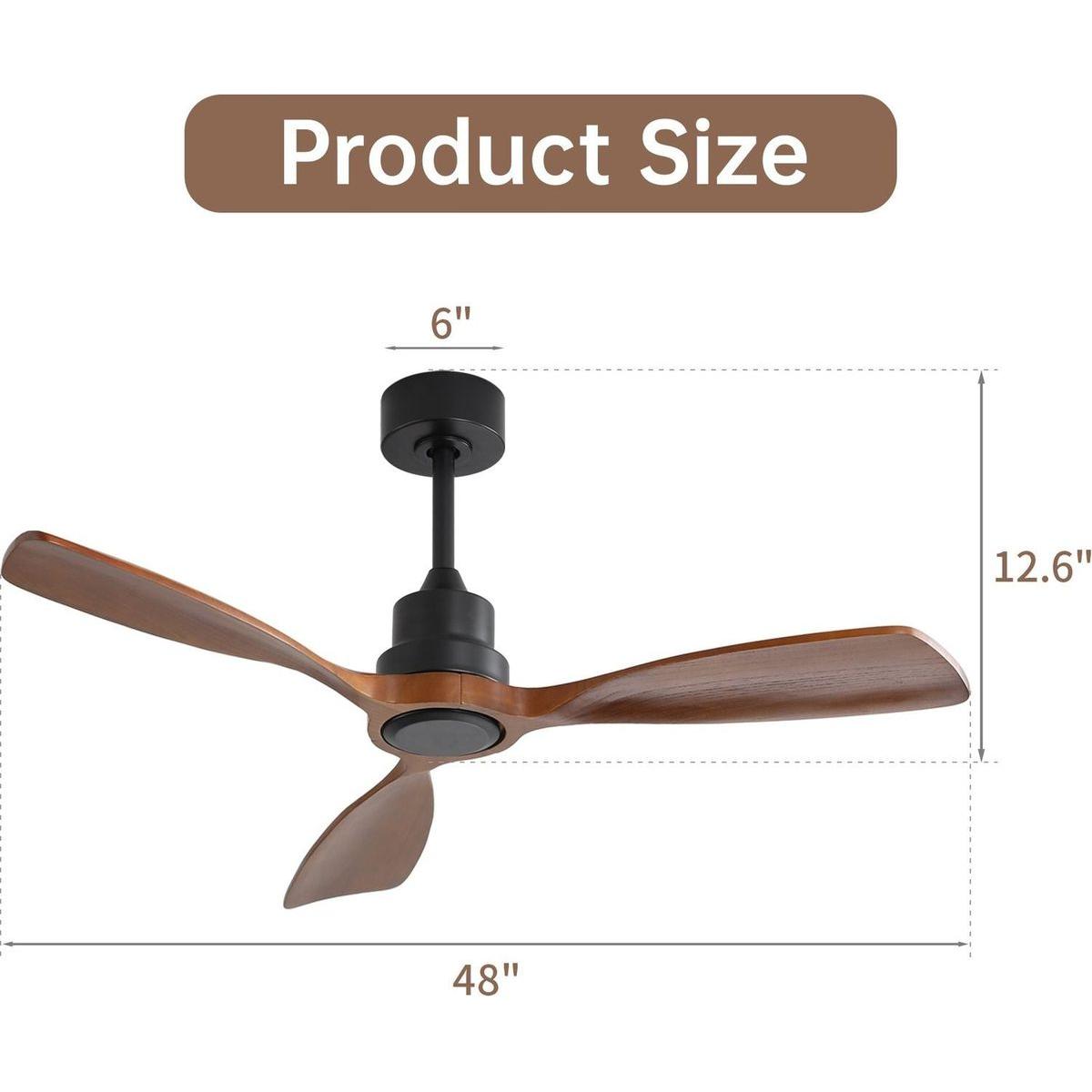 48 Inch Ceiling Fan Without Light, 3 Solid Wood Blades Outdoor Ceiling Fan 6-speed Reversible DC Motor for Living Room