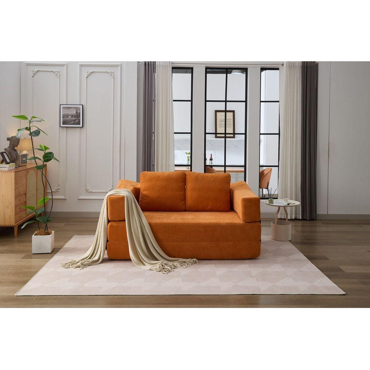 Modern Minimalist Sofa, Fold-Out Sofa Bed, Convertible Chair Floor Couch & Sleeping Mattress for Living room, Bedroom, Apartment, Removable Backrest, Orange
