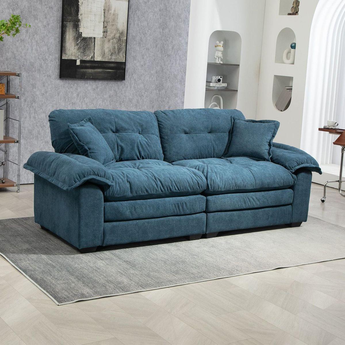 84" Chenille Recliner Sofa Small Sofa Loveseat Deep Seat Sofa Couch with 2 Throw Pillows & Memory Foam for Living Room Apartment Office Lounge-Blue