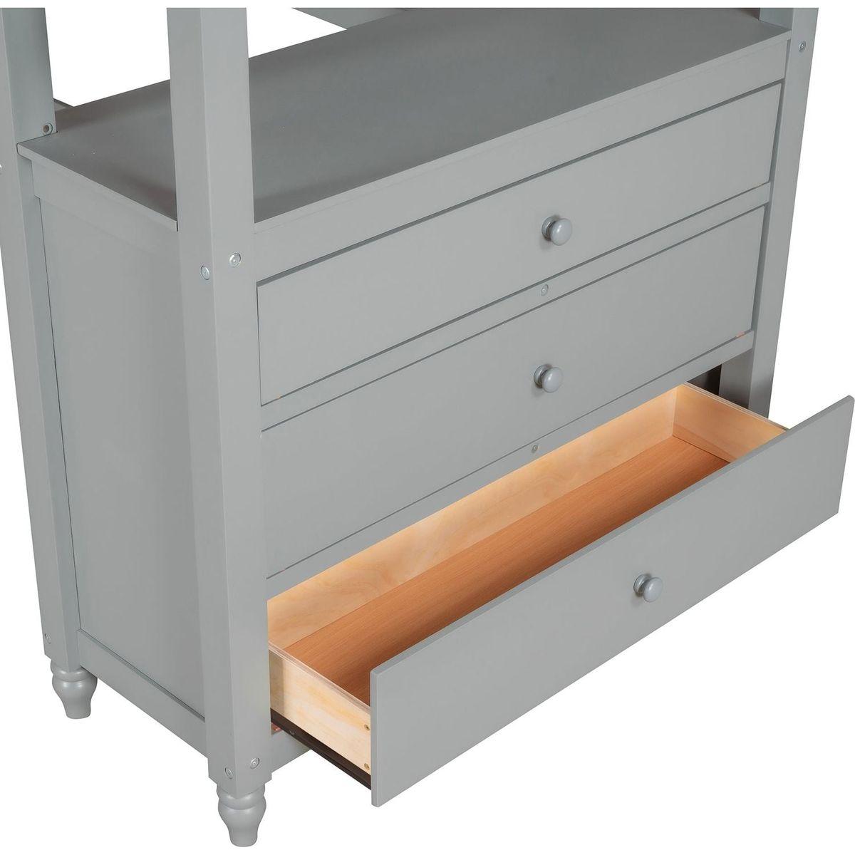 Twin size Loft Bed with Drawers and Desk, Wooden Loft Bed with Shelves - Gray