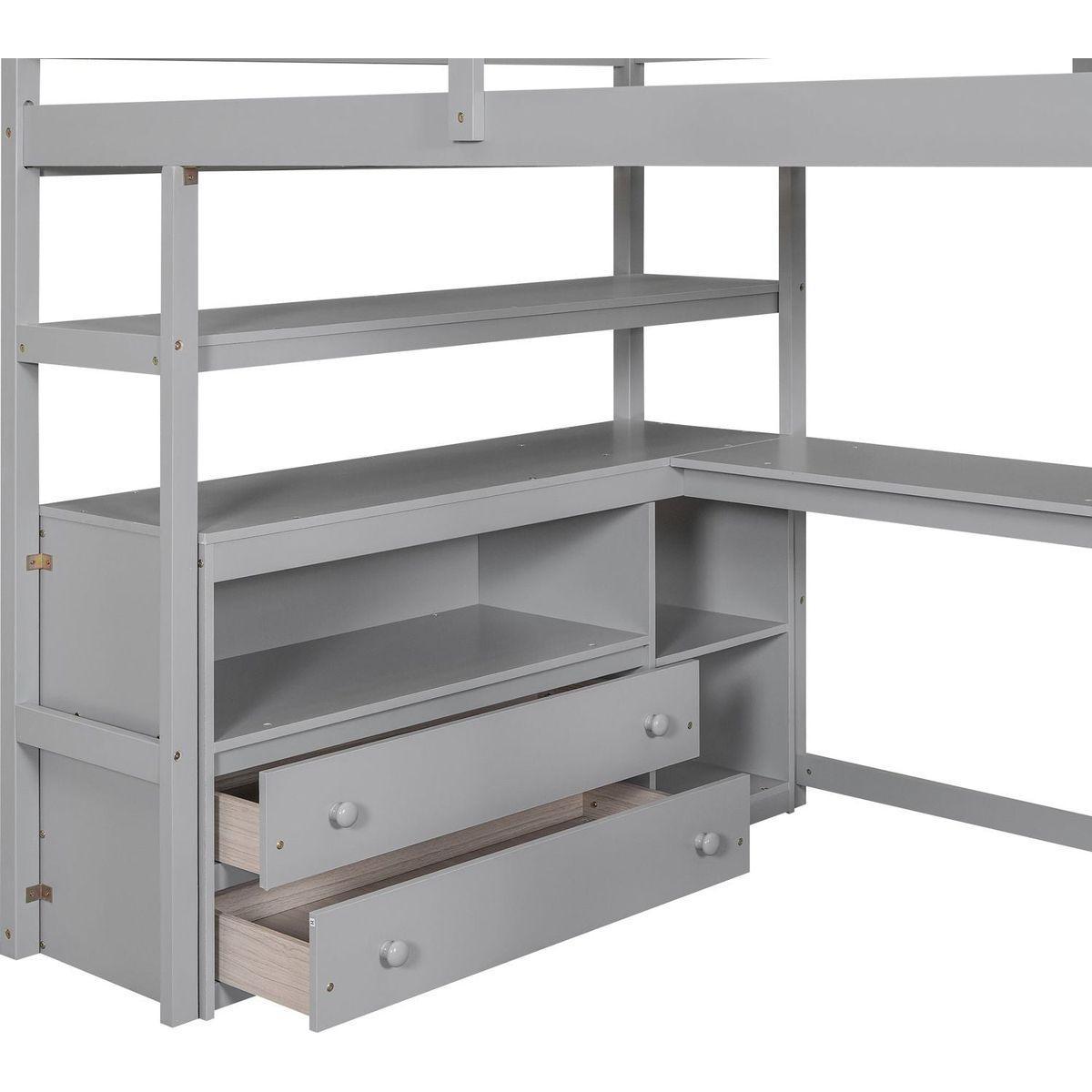 Full Size Loft Bed with Desk and Shelves, Two Built-in Drawers, Storage Staircase, Gray