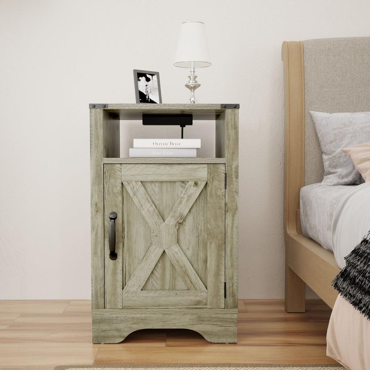 Farmhouse Nightstand Side Table, Wooden Rustic End Table, Tall Bedside Table with Electrical Outlets Charging Station - Light Grey
