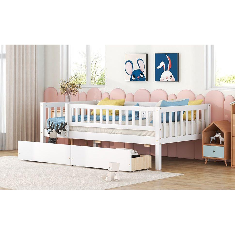 Twin Size Daybed Wood Bed with Two Drawers, White