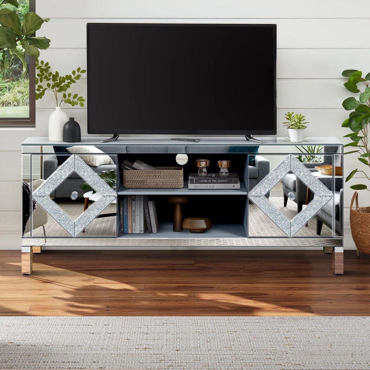 Mirrored TV Stand for 65+ inch TV,Sliver TV Console Table with Open Storage & 2 Storage Cabinets ,Diamond Shape Sparkling Mirror Doors for Living Room(59"W x 25.2"H x 15.7D)