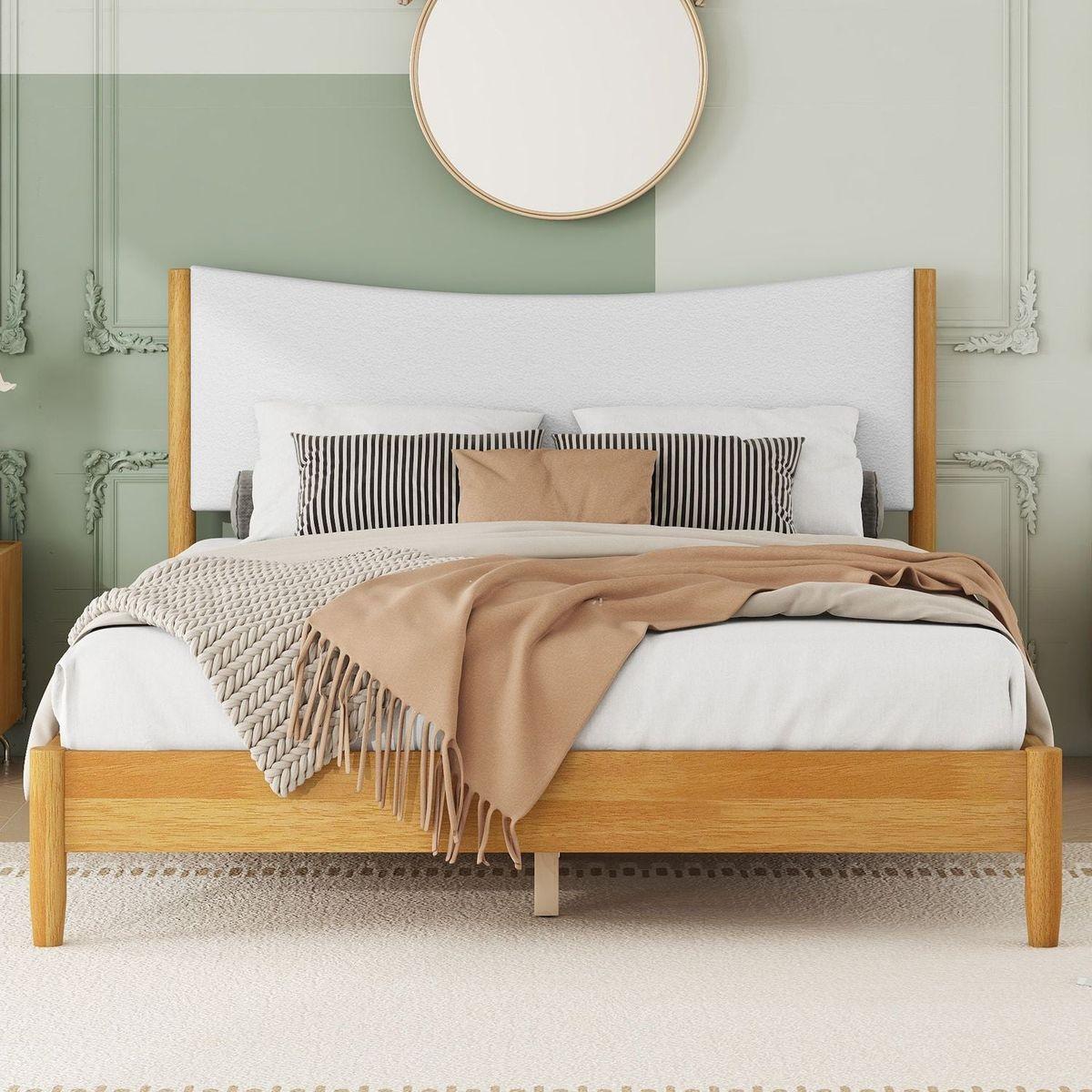 Queen Size Rubber Wooden, Solid Wooden Bed with Teddy Velvet Cushion Upholstered Headboard, Enhanced by Support Feet