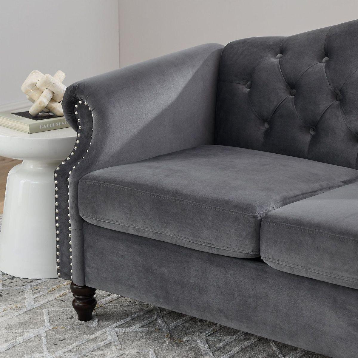 57" Chesterfield Sofa Grey Velvet for Living Room, 2 Seater Sofa Tufted Couch with Rolled Arms and Nailhead for Living Room, Bedroom, Office, Apartment, two pillows