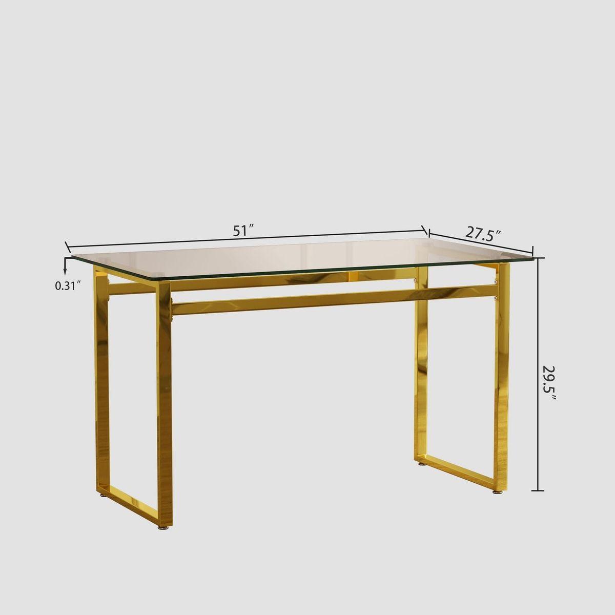 Modern Minimalist Rectangular Glass Dining Table for 4-6 with 0.31" Tempered Glass Tabletop and Golden Chrome Metal Legs, Writing Table Desk, for Kitchen Dining Living Room, 51" W x 27"D x 30" H