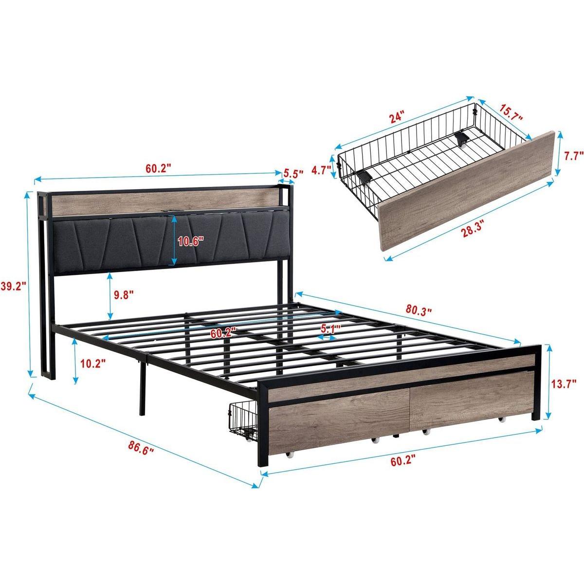 Queen Size Metal Platform Bed Frame with upholstery storage function Headboard and USB LINER and Footboard with drawers, No Box Spring Needed, Large Under Bed Storage, Easy Assemble
