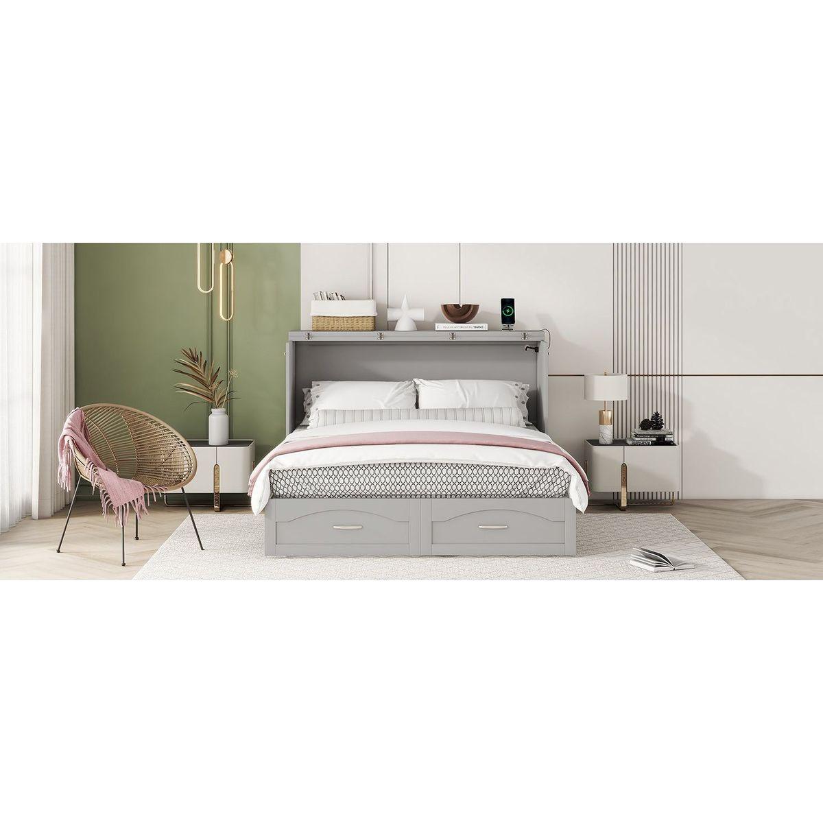 Queen Size Murphy Bed Wall Bed with drawer and a set of Sockets & USB Ports, Pulley Structure Design, Gray