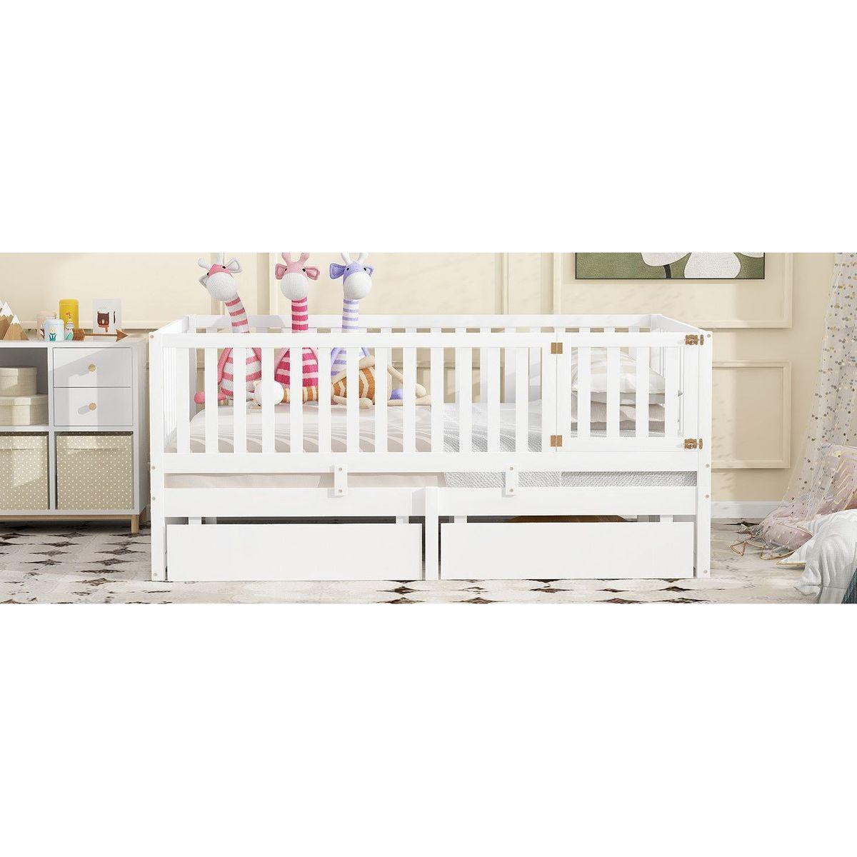 Full Size Wood Daybed with Fence Guardrails and 2 Drawers, Split into Independent Floor Bed & Daybed, White