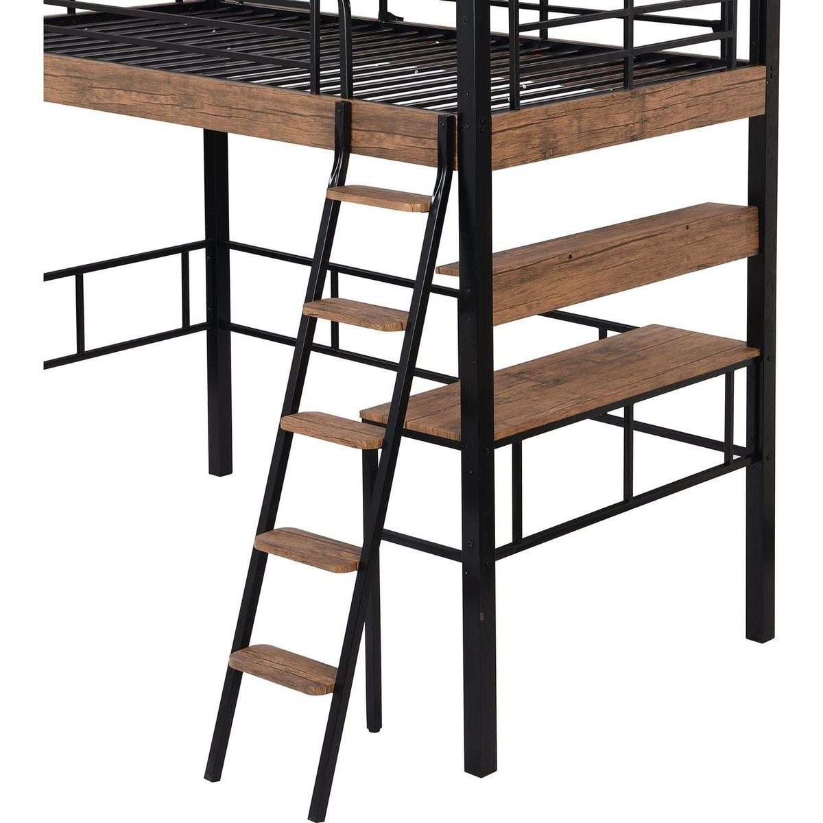 Metal Twin Size Loft Bed with Built-in Desk, Storage Shelf and Ladder, Black