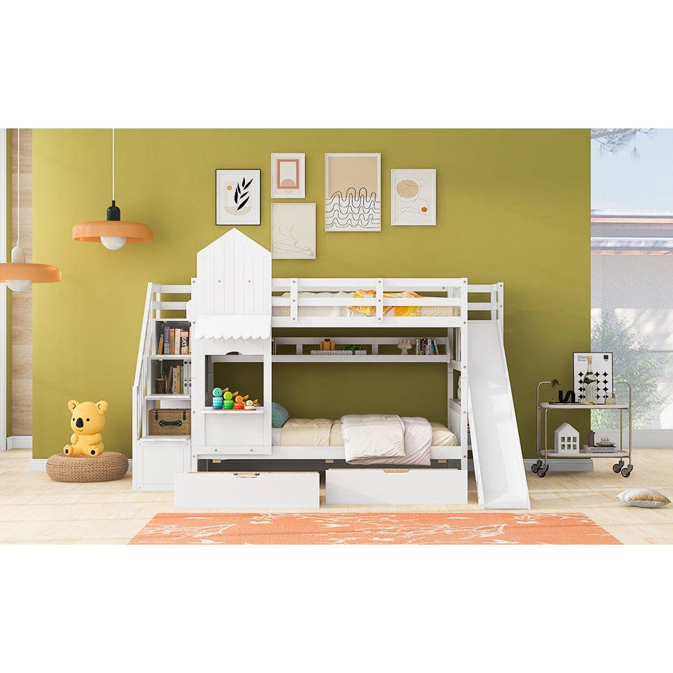 Twin-Over-Twin Castle Style Bunk Bed with 2 Drawers 3 Shelves and Slide - White
