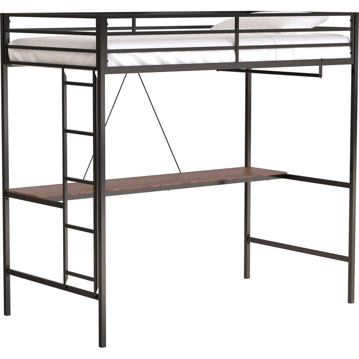 Adam Sturdy Twin Loft Bunk Black with Cinnamon Wood Desk and Closet Rod for Adult and Kids, and Easy Climbing with Sturdy Ladder, Space Saving