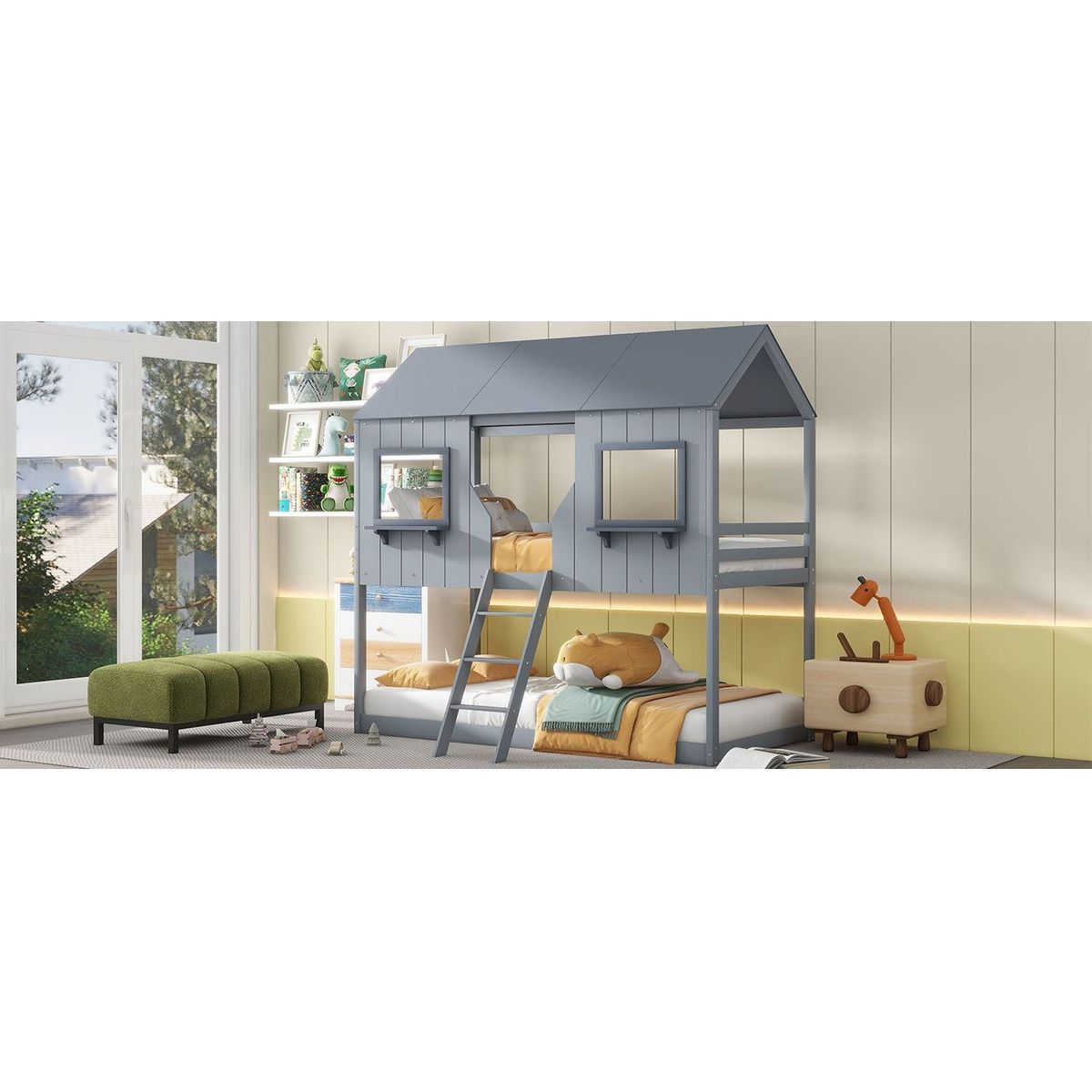 Twin Over Twin Bunk Bed Wood Bed with Roof, Window, Guardrail, Ladder (Gray)