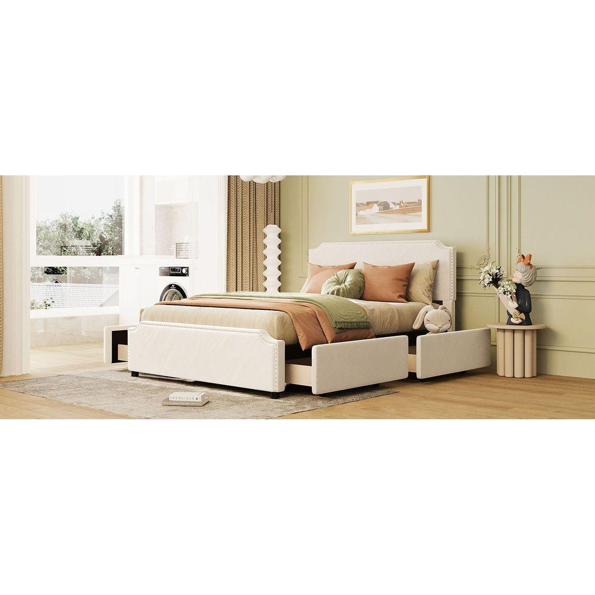 Upholstered Platform Bed with Stud Trim Headboard and Footboard and 4 Drawers No Box Spring Needed, Velvet Fabric, Queen Size (Beige)