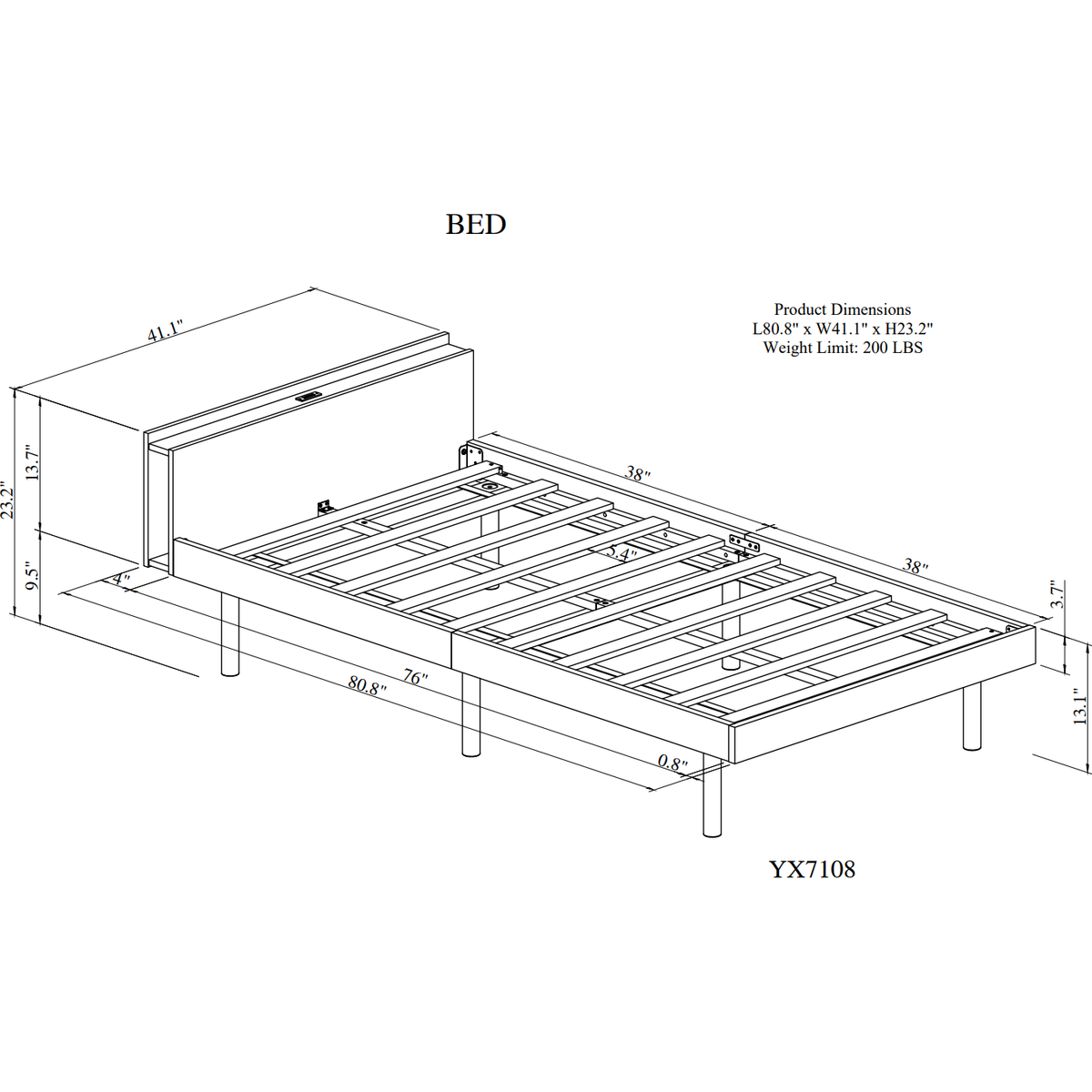 Modern Design Twin Size Platform Bed Frame with Built-in USB port for Walnut Color