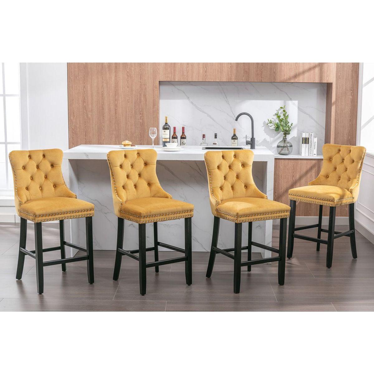 Contemporary Velvet Upholstered Barstools with Button Tufted Decoration and Wooden Legs, and Chrome Nailhead Trim, Leisure Style Bar Chairs,Bar stools, Set of 2 (Golden)