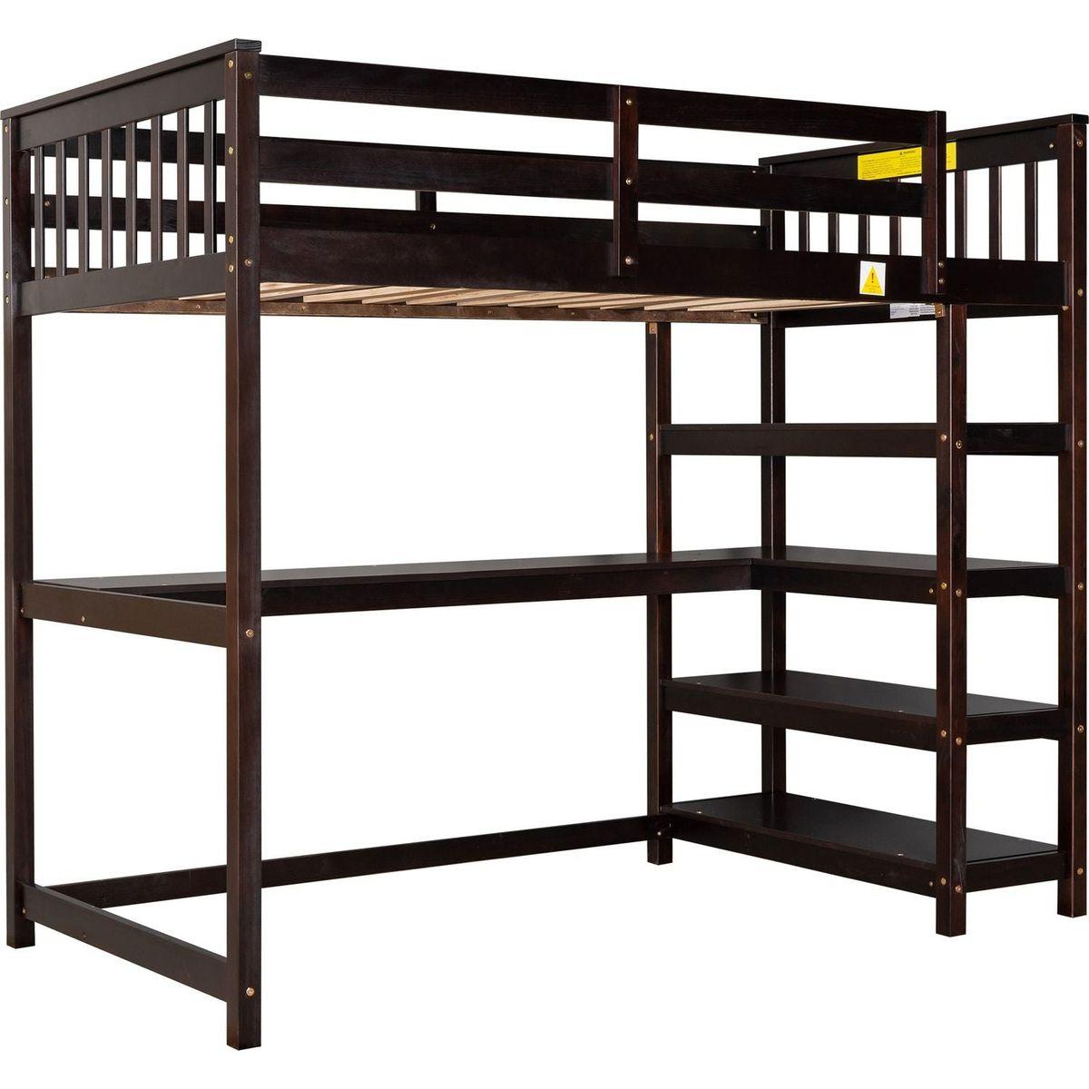 Twin Size Loft Bed with Storage Shelves and Under-bed Desk, Espresso