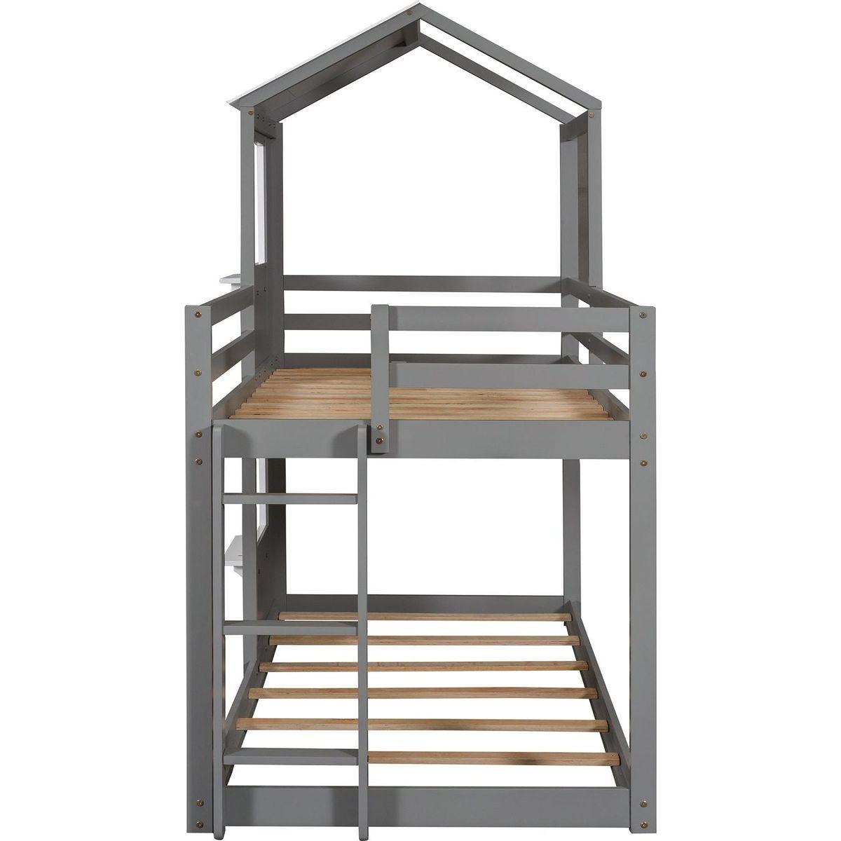 Twin Over Twin Bunk Bed Wood Bed with Roof, Window, Guardrail, Ladder (White)