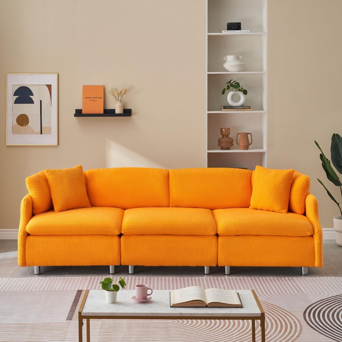 95.3 inches velvet grey two throw pillows, spacious and comfortable 3 seat sofa, suitable for modern living room. orange
