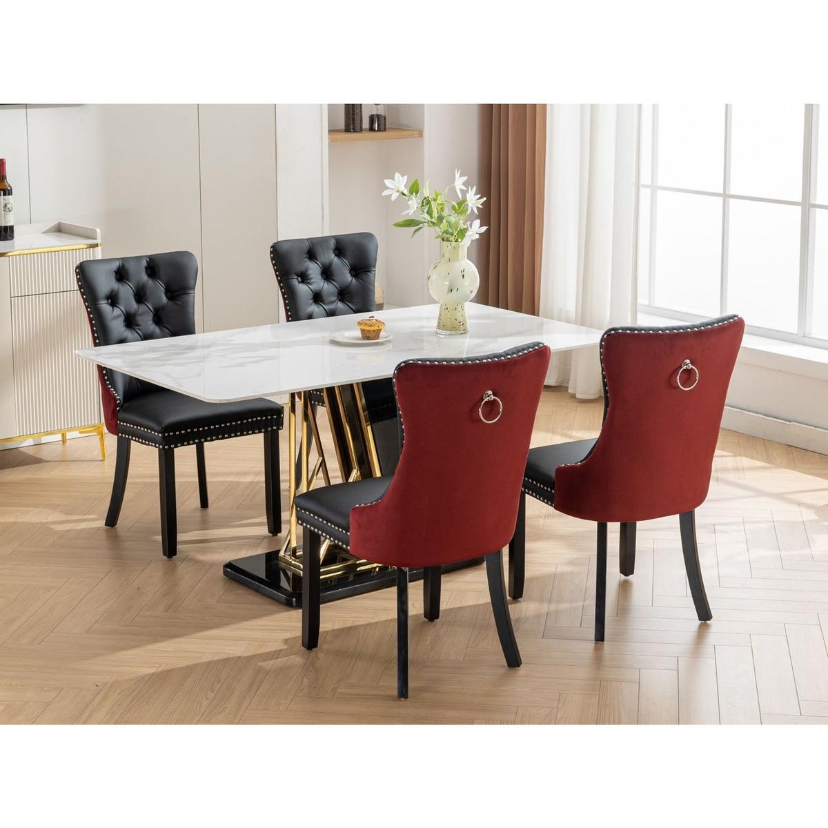 Nikki Collection Modern, High-end Tufted Solid Wood Contemporary PU and Velvet Upholstered Dining Chair with Wood Legs Nailhead Trim 2-Pcs Set, Black+WineRed, Burgundy