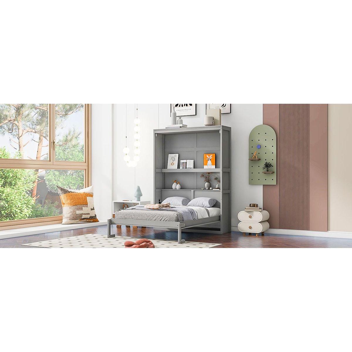 Full Size Murphy Bed Wall Bed with Shelves,Gray