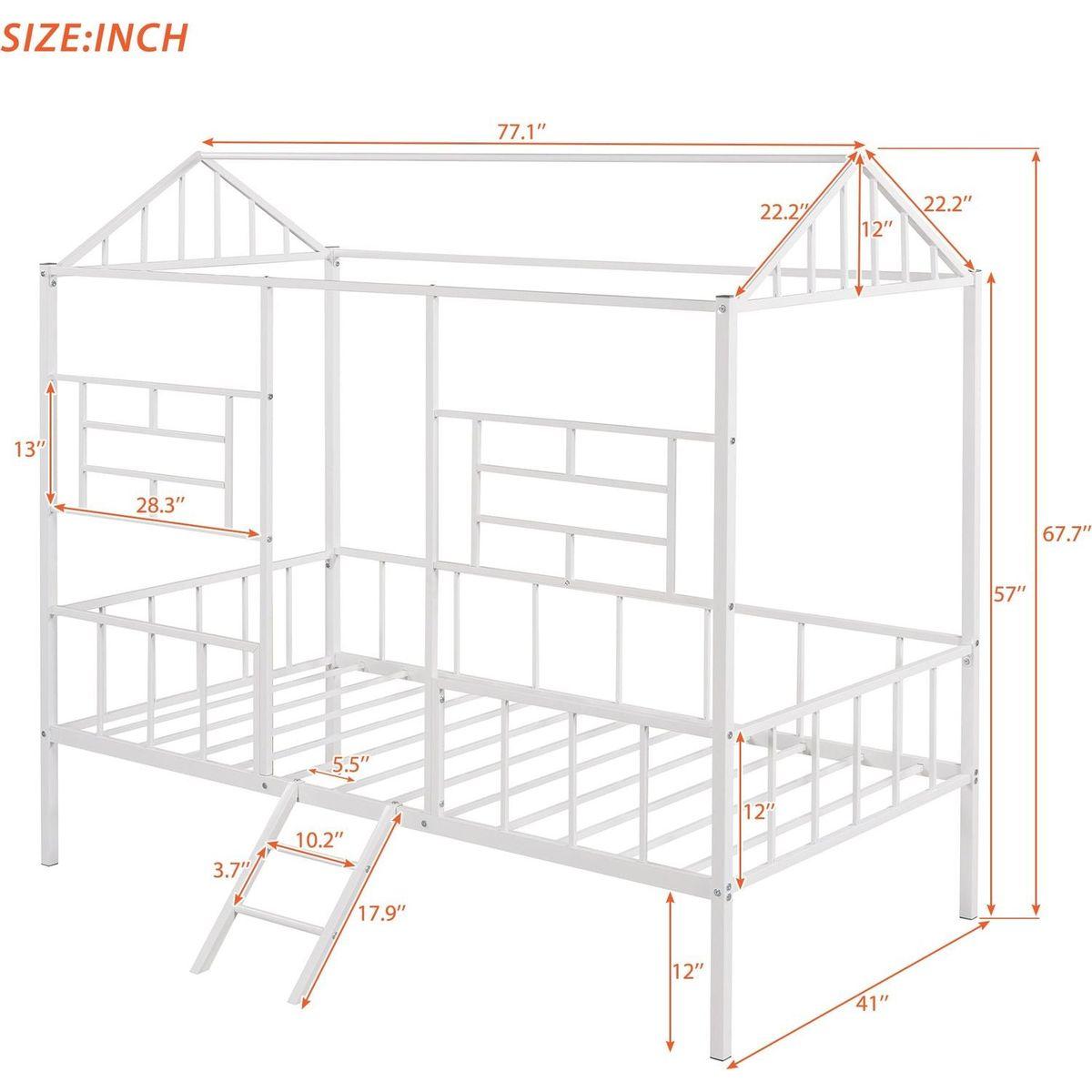 Metal House Bed Frame Twin Size with Slatted Support No Box Spring Needed White