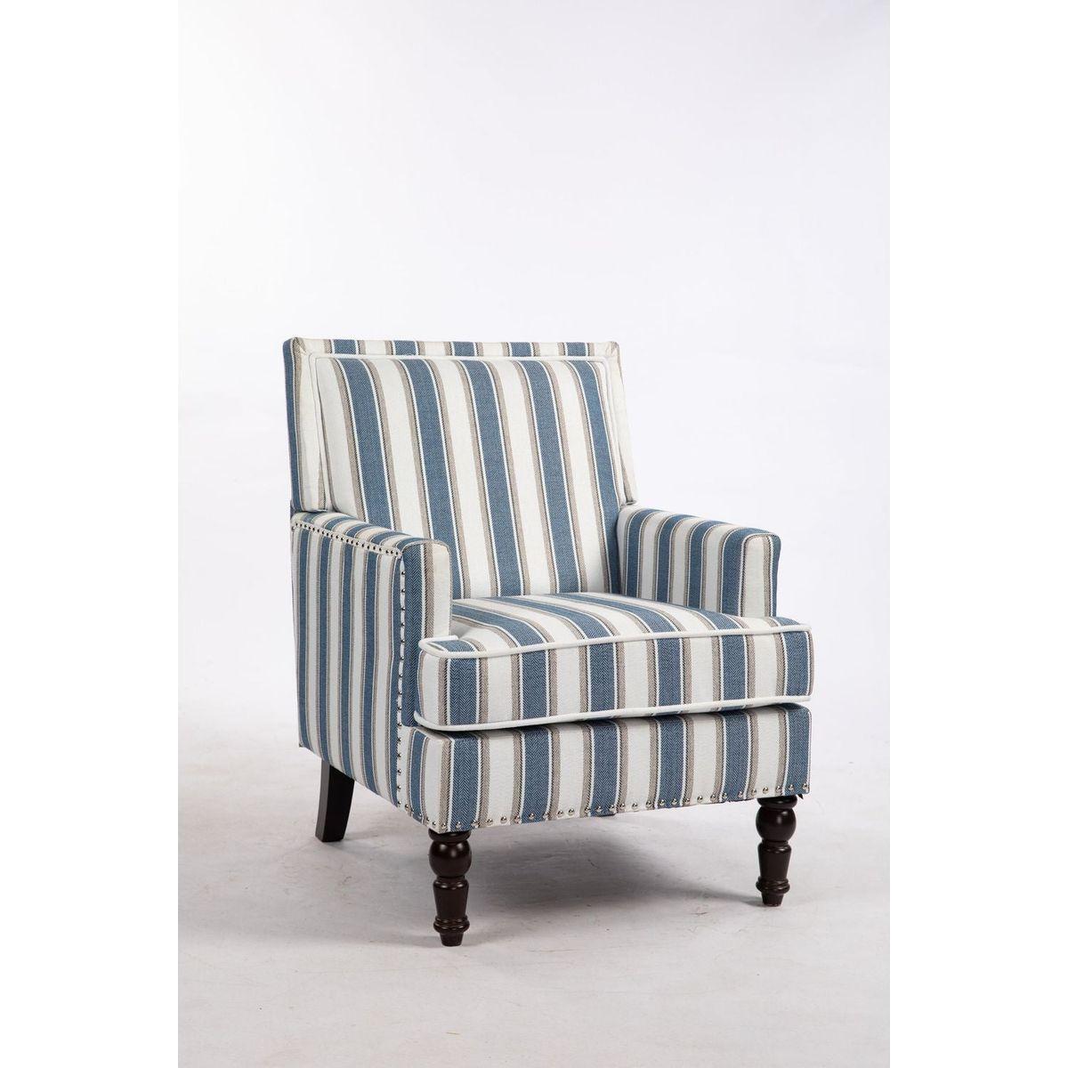 Upholstered Accent Chair, Vintage Armchair with Blue and White Striped Linen Fabric and Nailhead Trim for Living Room