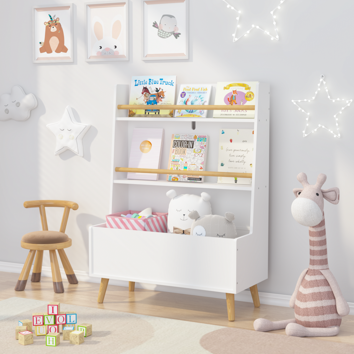 Sturdy Kids Bookshelf w/ Storage Bin & Wall Anchor White 2-Tier 