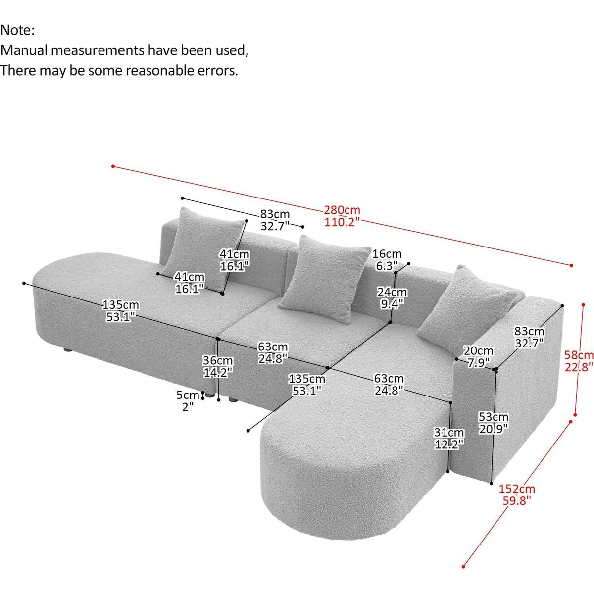 Modern L shape boucle Sofa with curved seat (facing right)
