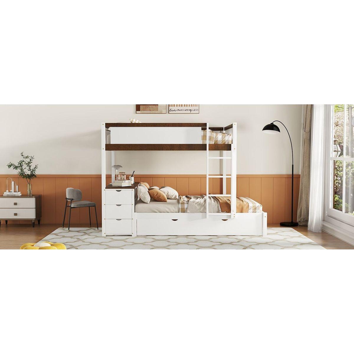 Full-Over-Full Bunk Bed with Twin size Trundle, Storage and Desk, White+Walnut