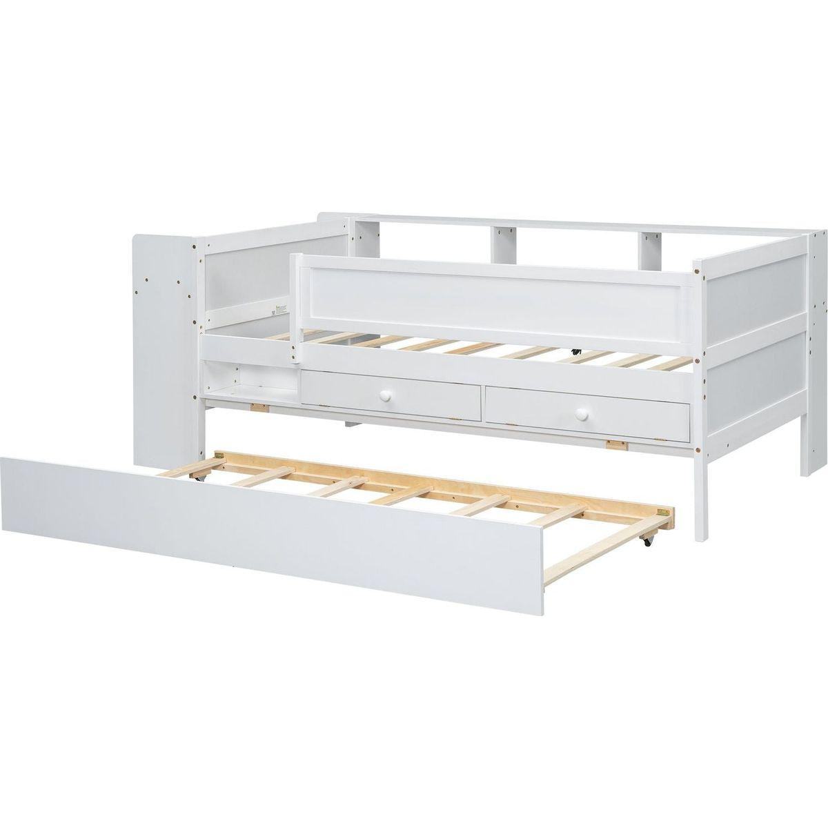 Multi-Functional Twin Daybed with Drawers and Trundle, Headboard Storage and Tables, USB Charging Station, White
