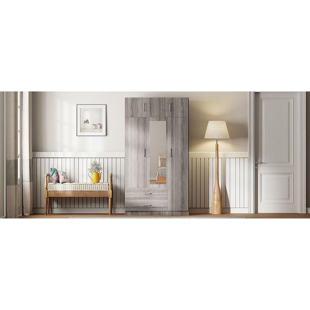 3-Door Mirror Wardrobe with 2 Drawers and Top Cabinet,Gray