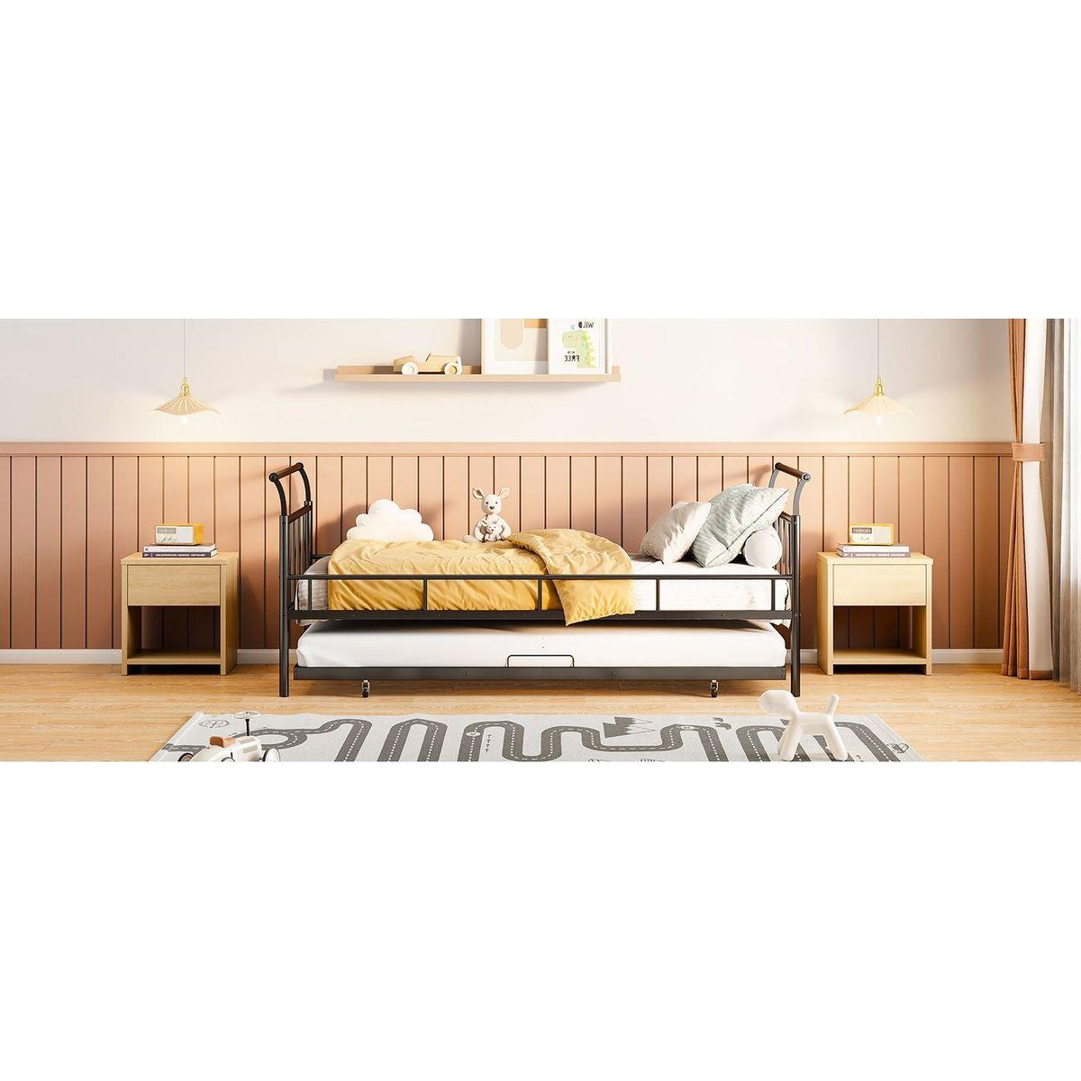 Twin Size Metal Daybed with Curved Handle Design and Twin Size Trundle, Black