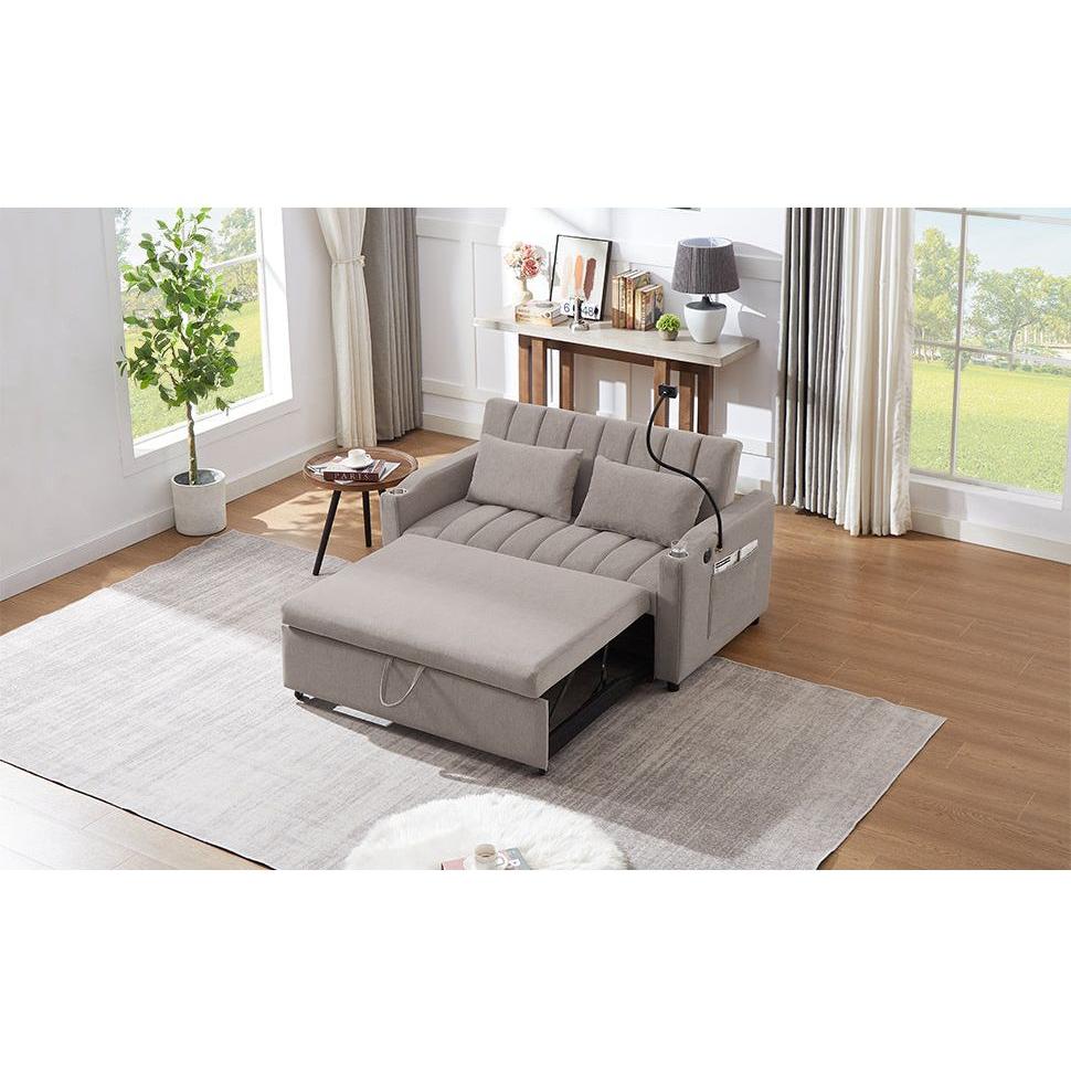 55.9" Convertible Sofa Bed Loveseat Sofa with Three USB Ports, Two Side Pockets, Two Cup Holders and 360Swivel Phone Holder for Living Room, Light Grey