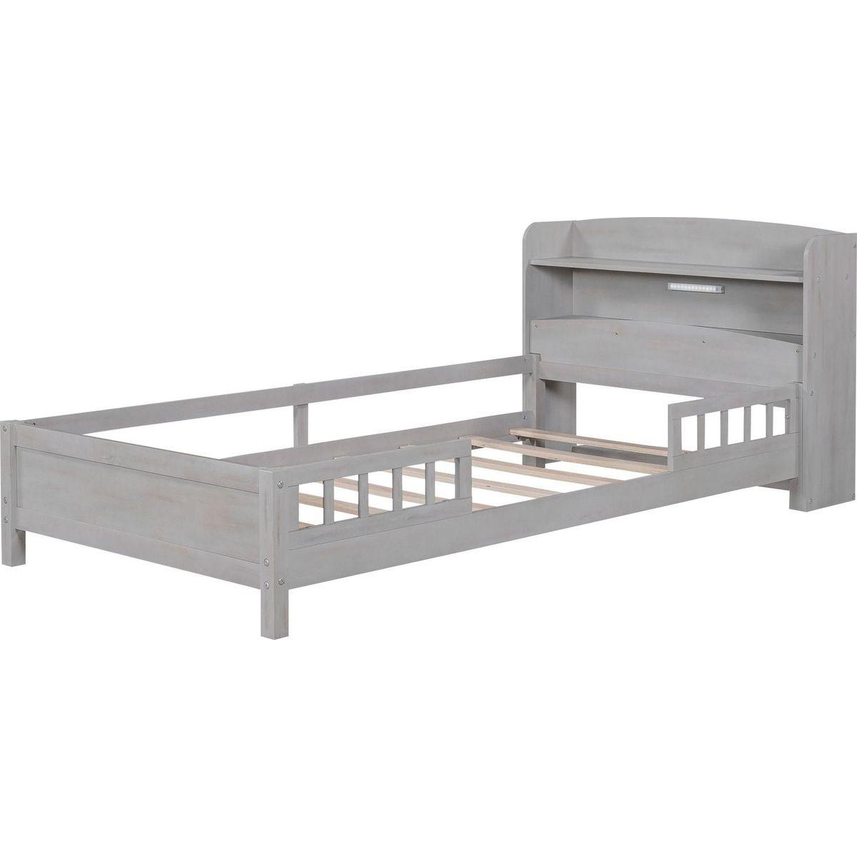 Wood Twin Size Platform Bed with Built-in LED Light, Storage Headboard and Guardrail, Antique Grey
