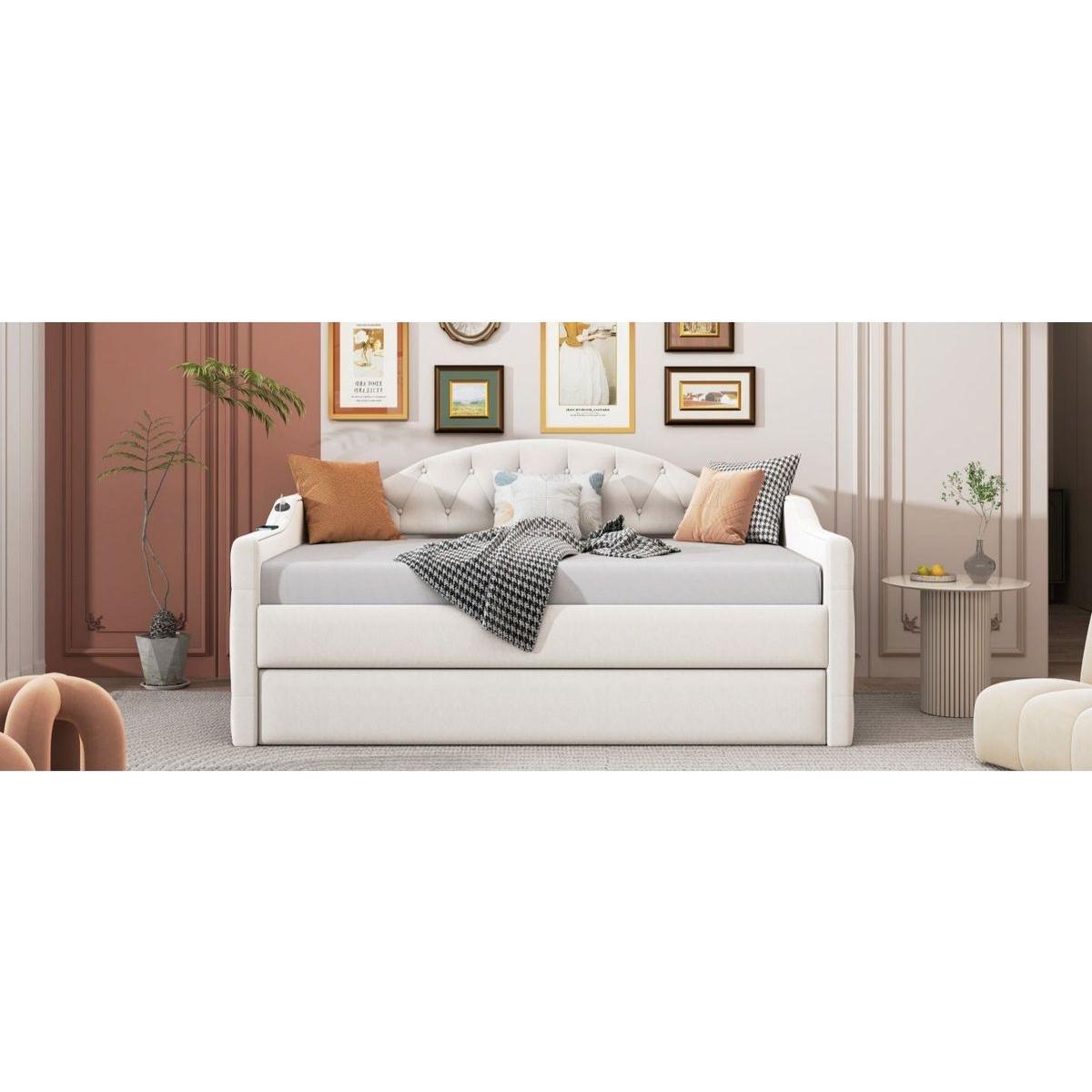 Twin Size Tufted Upholstered Daybed with Trundle, Velvet Sofabed with USB&Type-C Charging Ports,No Box-spring Needed, Beige