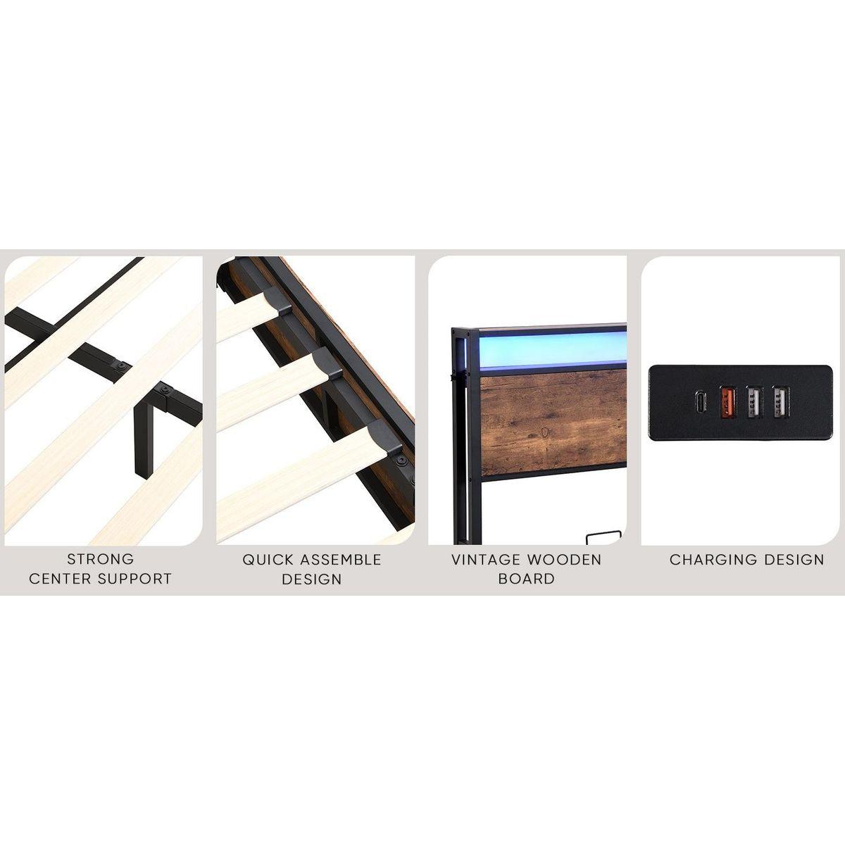 Lift-up Storage Bed Frame, Full Size Bed Frame with Bookcase Headboard & LED Lights, Wooden Platform Bed Frame with Charging Station, No Spring Box Needed, Rustic Brown