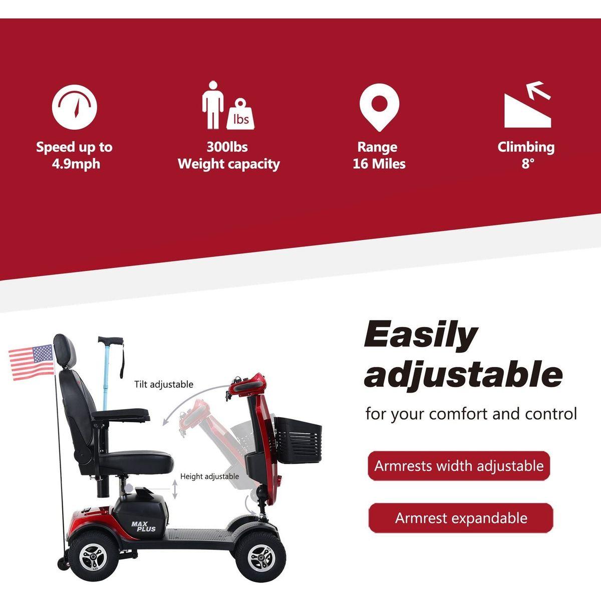 MAX PLUS RED 4 Wheels Outdoor Compact Mobility Scooter with 2pcsx20AH Lead acid Battery, 16 Miles, Cuo Holders & USB charger Port