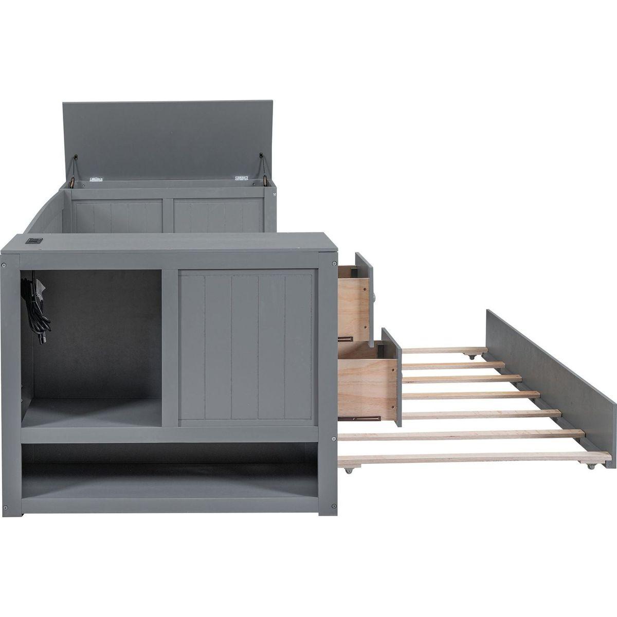 Twin Size Daybed with Storage Arms, Trundle and Charging Station, Gray
