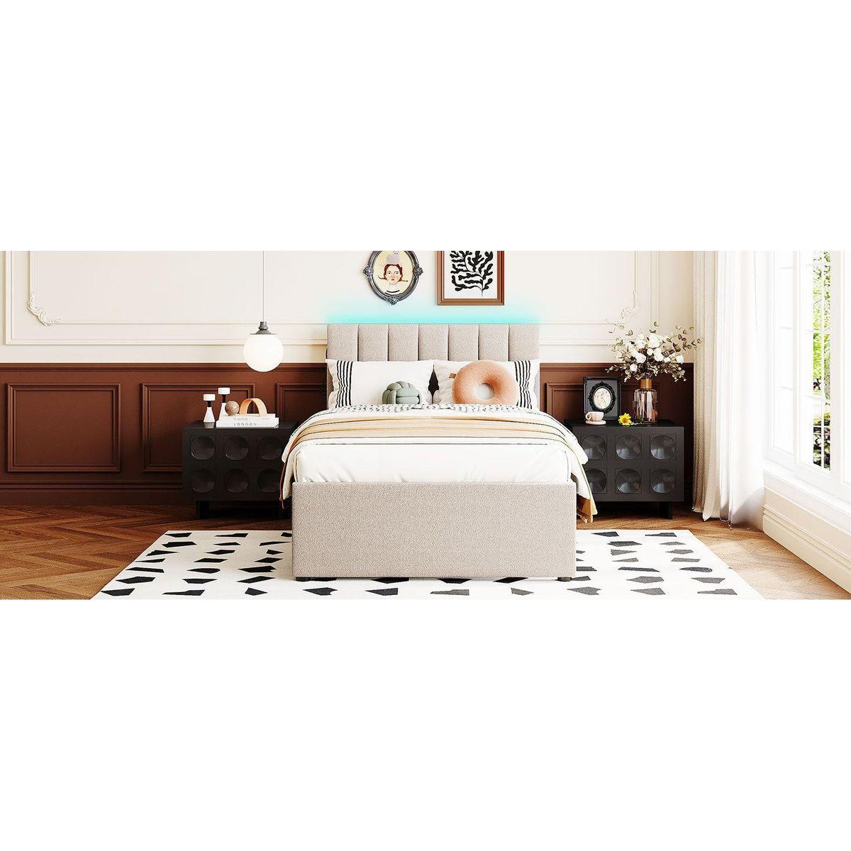 Teddy Fleece Twin Size Upholstered Platform Bed with Trundle, Beige