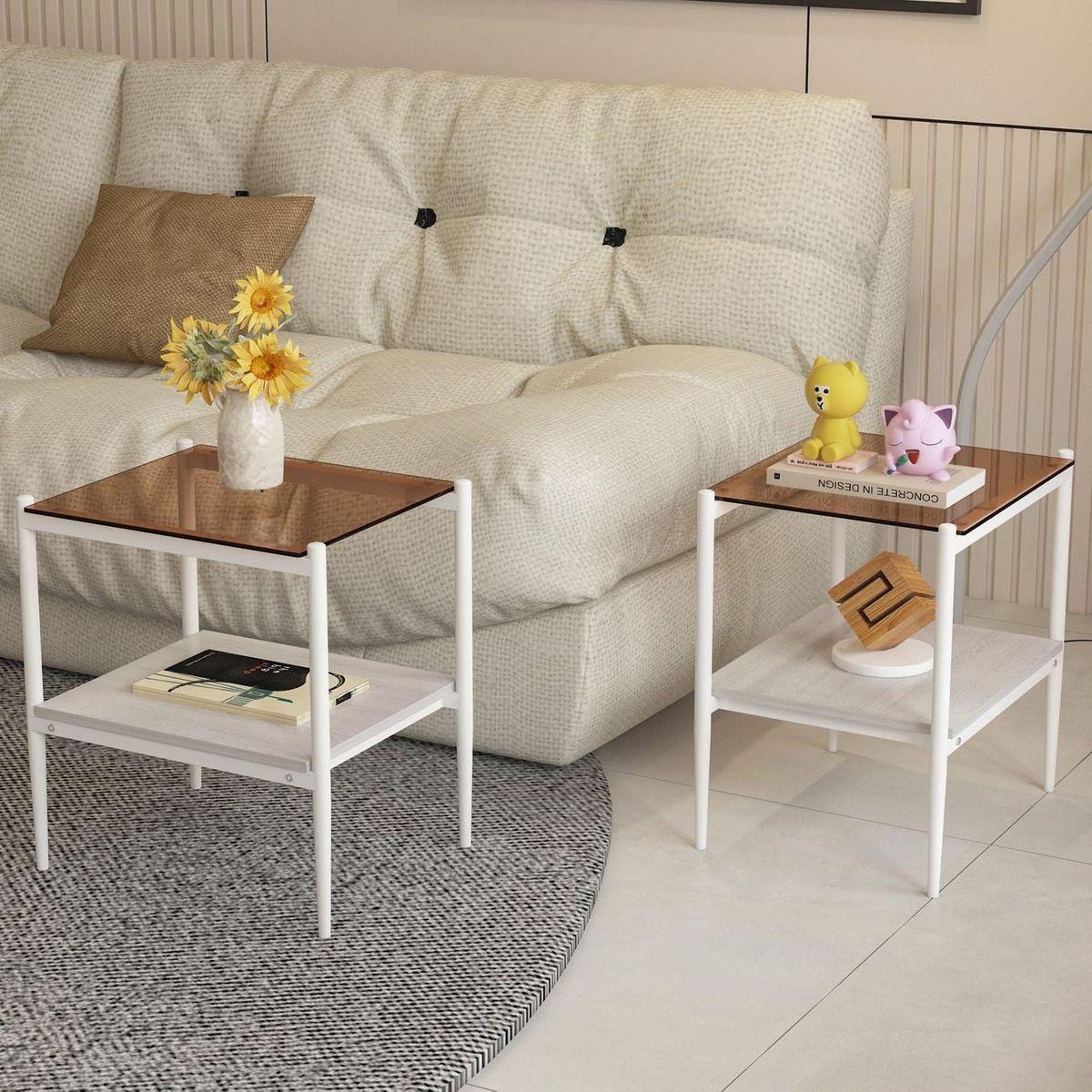 Set of 2 Rectangle End Table, Tempered Glass Tabletop with MDF layer, Modern Table for Living Room, Brown Glass